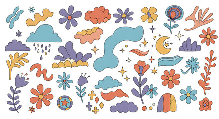 Obraz premium Groovy Retro Psychedelic Element CollectionPromo: Dive into the psychedelic era! This vibrant collection of groovy flowers, clouds, and abstract shapes will add a retro 60s/70s vibe to your designs.