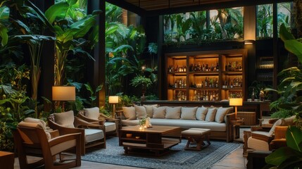 A cozy boutique hotel entrance with rustic wooden furniture, soft lighting, and stylish interior decor.