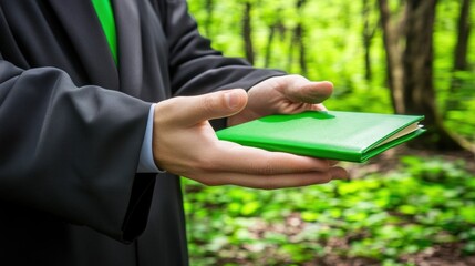 Man in Dark Suit Holding a Green Book Outdoors in a Lush Forest