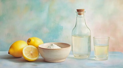 Fresh lemons, a bottle of liquid, and a bowl of white powder on a pastel background, creating a vibrant and colorful culinary still life composition.