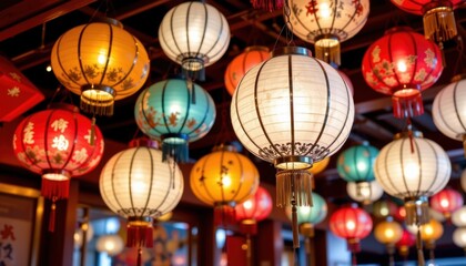 Fototapeta premium Lanterns made from paper and bamboo are a common festive decoration in many Asian countries, symbolizing light, prosperity, and good luck.