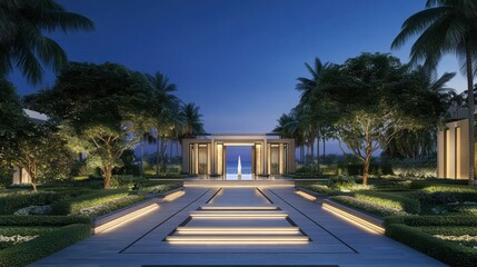 Fototapeta premium A five-star resort with a large tropical garden, elegant pathways, and ambient night lighting.