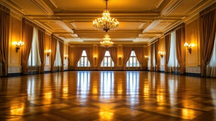 A grand hotel ballroom with elegant chandeliers, golden drapes, and an opulent ceiling design.