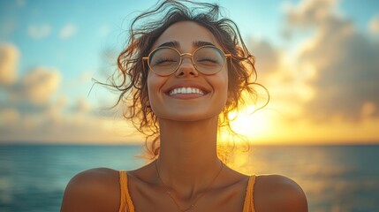 Joyful Indian woman enjoying the ocean breeze with arms wide open, embracing nature and embodying happiness and wellness at sunset
