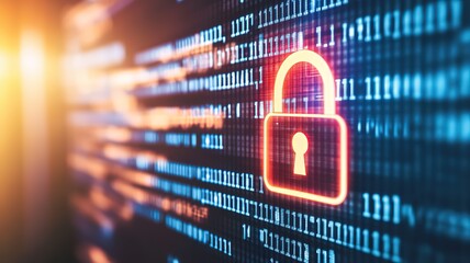 Obraz premium Close-up of a glowing red padlock icon on a dark computer screen, symbolizing cybersecurity, data protection, and digital privacy concepts. Ransomware attack prevention and online security themes 