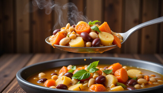 Close-up of a ladle lifting hearty vegetable soup filled with beans and carrots, promoting zero-waste cooking for Stop Food Waste Day