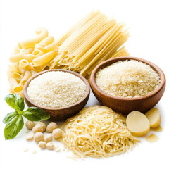 pasta potatoes rice carbohydrates white background 