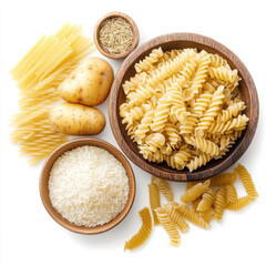 pasta potatoes rice carbohydrates white background 