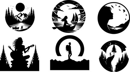 Naklejka premium Silhouettes of Nature and Adventure in Black and White 