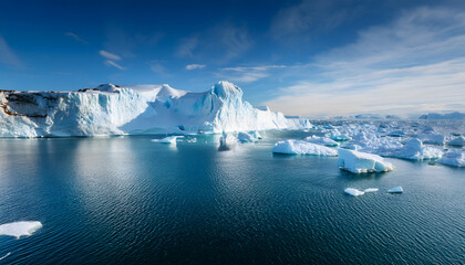 A serene landscape featuring floating icebergs and a tranquil blue sea under a clear sky, showcasing the beauty of polar regions