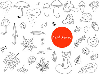 set of autumn elements illustrations in doodle style in vector