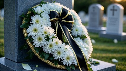 Funeral wreath with white daisies and black ribbon at a cemetery