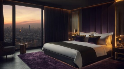 A luxurious hotel suite with a king-size bed, elegant decor, and a breathtaking city skyline view.