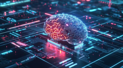 A digital brain model displayed on a circuit-like background, symbolizing artificial intelligence and technological advancement.
