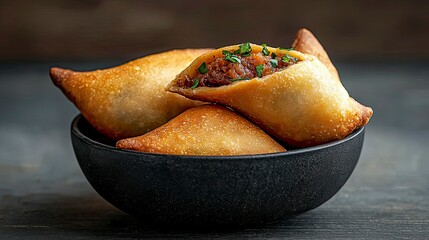 Crispy pastries filled with savory filling in a bowl