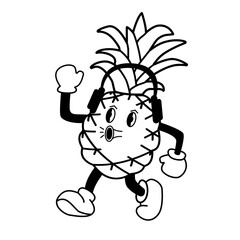 Una piña de dibujos animados en auriculares canta una canción