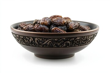 A ceramic bowl filled to the top with dried dates isolated on a white background