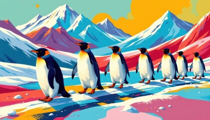 An abstract illustration depicting a group of penguins waddling across a vibrant, icy landscape, with bold, geometric shapes and bright