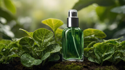 Glass bottle with silver dispenser for cosmetic products face care stands in the ground around young sprouts green leaves