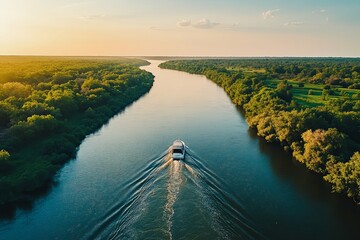 A boat travels down a winding river surrounded by green trees
