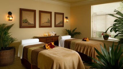 Fototapeta premium A premium hotel spa room with massage beds, soft lighting, and a relaxing ambiance.