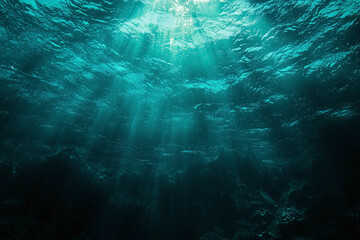 Naklejka premium Beneath surface, tranquil underwater scene showcases shimmering light rays penetrating deep teal water, creating serene and inviting atmosphere