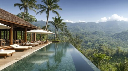 Fototapeta premium A stylish luxury hotel outdoor pool with an infinity edge, wooden deck, and palm trees.