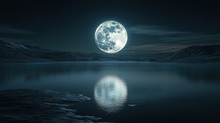 Fototapeta premium A serene night scene featuring a full moon reflected on a calm lake, surrounded by dark hills and a starry sky.