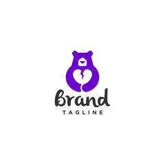 Sad Bear Hugging Cracked Heart Logo Design. Purple Bear Expressing Broken Heart Logo Design.