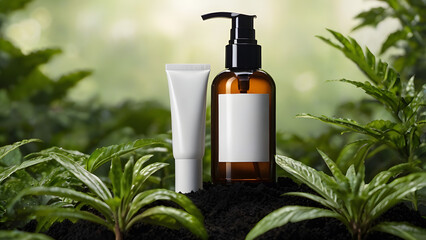 Dark bottle for cosmetics with a dispenser next to it there is a white tube for cream body and face care around young leaves