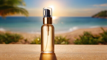 A bottle for cosmetic products body and face care bottles for Gray or serum stands on smooth sand against the backdrop of the sea and palm trees