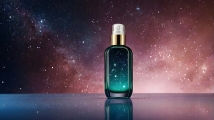 Glass bottle for cosmetic products with dispenser against space background stands on mirror surface