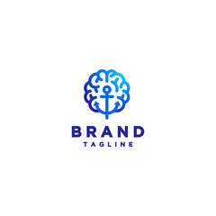 Simple Brain Anchor Silhouette Logo Design. Anchor Tethered Firmly In The Brain Logo Design.