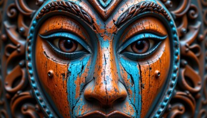 The wooden mask features intricate carvings of a tribal face with a striking contrast of blue and orange hues
