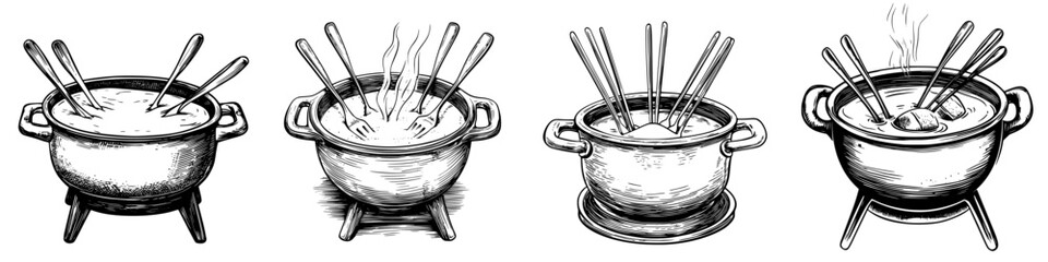 Various styles of cooking pots with steaming food displayed on a kitchen counter