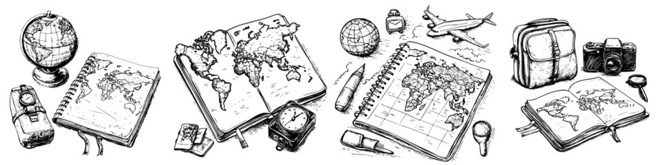 Travel planning setup features maps, notebooks, and travel essentials arranged for a journey