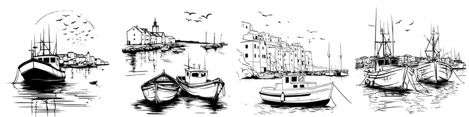 Detailed sketches of fishing boats at a serene harbor during a calm morning with birds in the sky