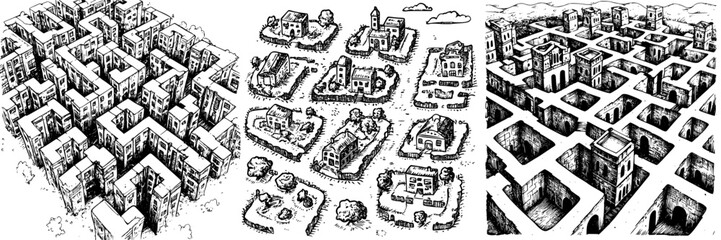 Obraz premium Urban layout design concepts showcasing intricate patterns and structures in various environments