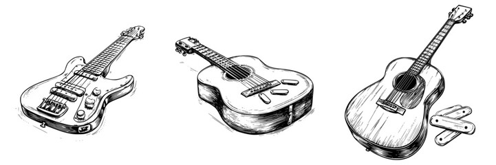 Different types of guitars displayed on a white background for musical illustration and design purposes