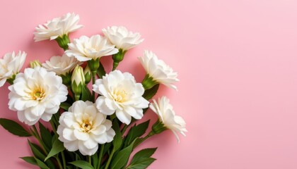 A stunning arrangement of delicate white carnations contrasted against a soft pink background
