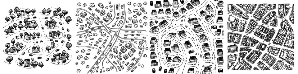 Obraz premium Detailed urban layouts showing residential and commercial areas in various configurations and landscapes across different times of day