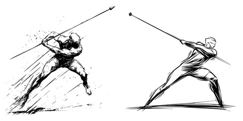Athletes demonstrating javelin throwing technique during a competition at a local sports field in early morning sunlight