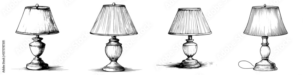 Poster unique sketches of various lamp designs showcasing different styles and details in a minimalist appr