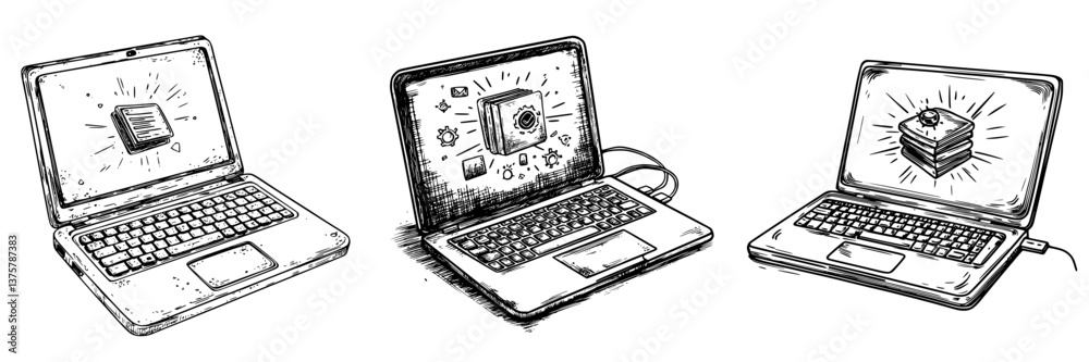 Poster different types of laptops displaying various icons related to technology and software applications