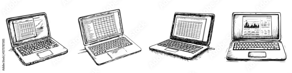 Poster laptops displaying various data analysis tasks in a modern workspace