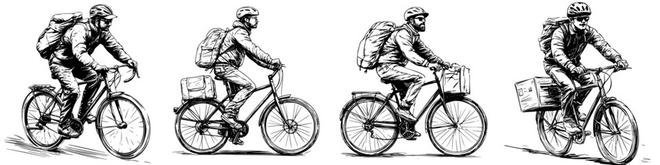 Obraz premium Cyclists navigating the cityscape while carrying various loads during daytime bicycle deliveries