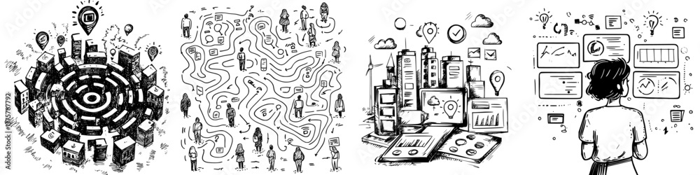 Poster exploring different aspects of modern business strategies in dynamic environments through conceptual