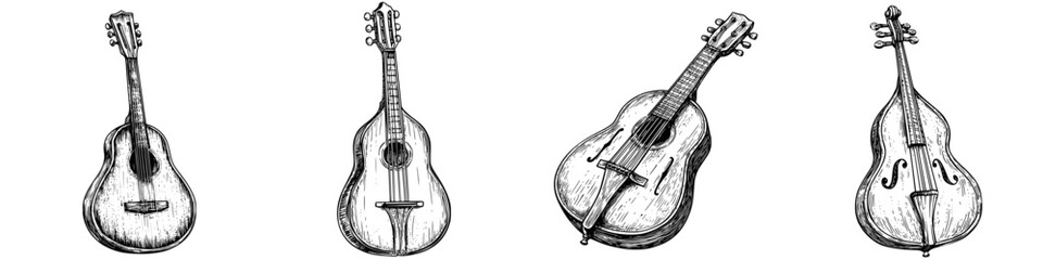 Naklejka premium Artistic illustration of four unique string instruments displayed in a row on a white background