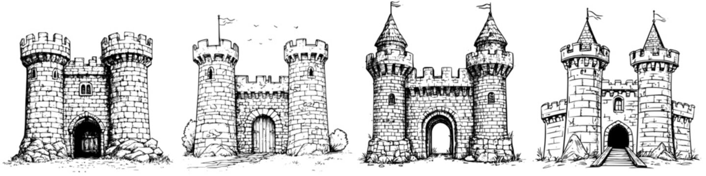Various medieval castle designs depicting towers, walls, and gates from an ancient era showcasing architectural diversity