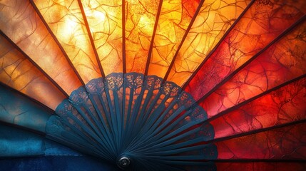 Glowing hand fan open, colorful backdrop, festive decoration